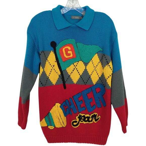 Vintage Gitano‎ Knits Colorful Argyle Sweater size L Cheer Team with Collar 90's - Picture 1 of 13